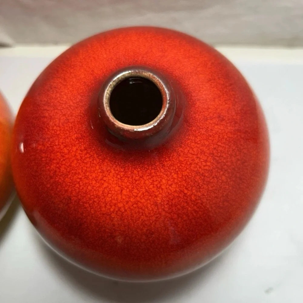 2 Drip Glaze Red Orange Yellow Bud Vase Roy Crate & Barrel Art Pottery 5” Pair